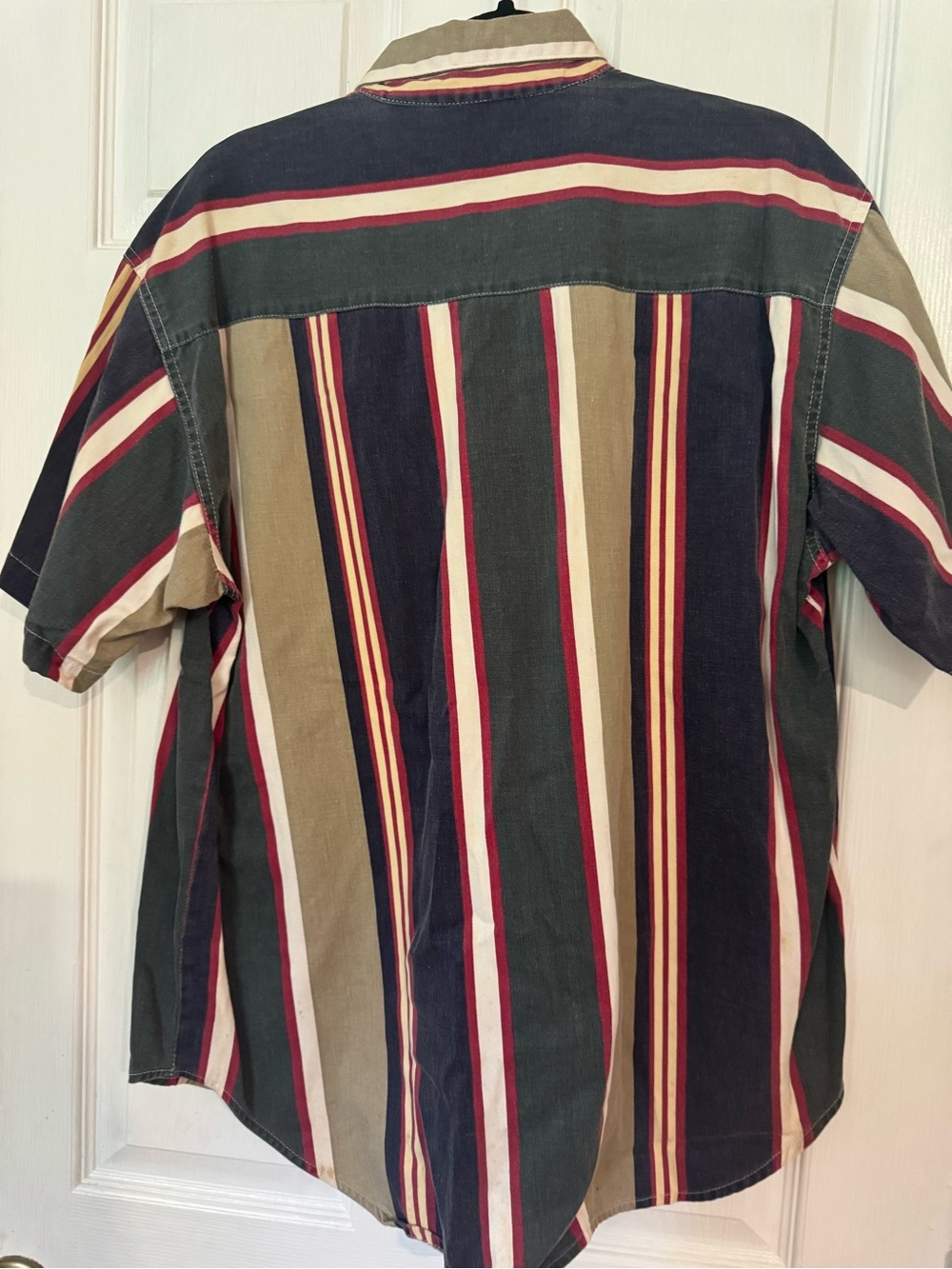 Vintage 1990’s Highland Outfitters S-Sleeve Striped Button-Up Shirt. Green/Navy